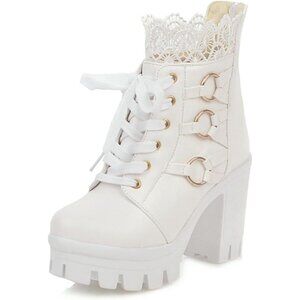 Meotina Women Combat White Microfiber High Heel Rivets Platform Ankle Bootie